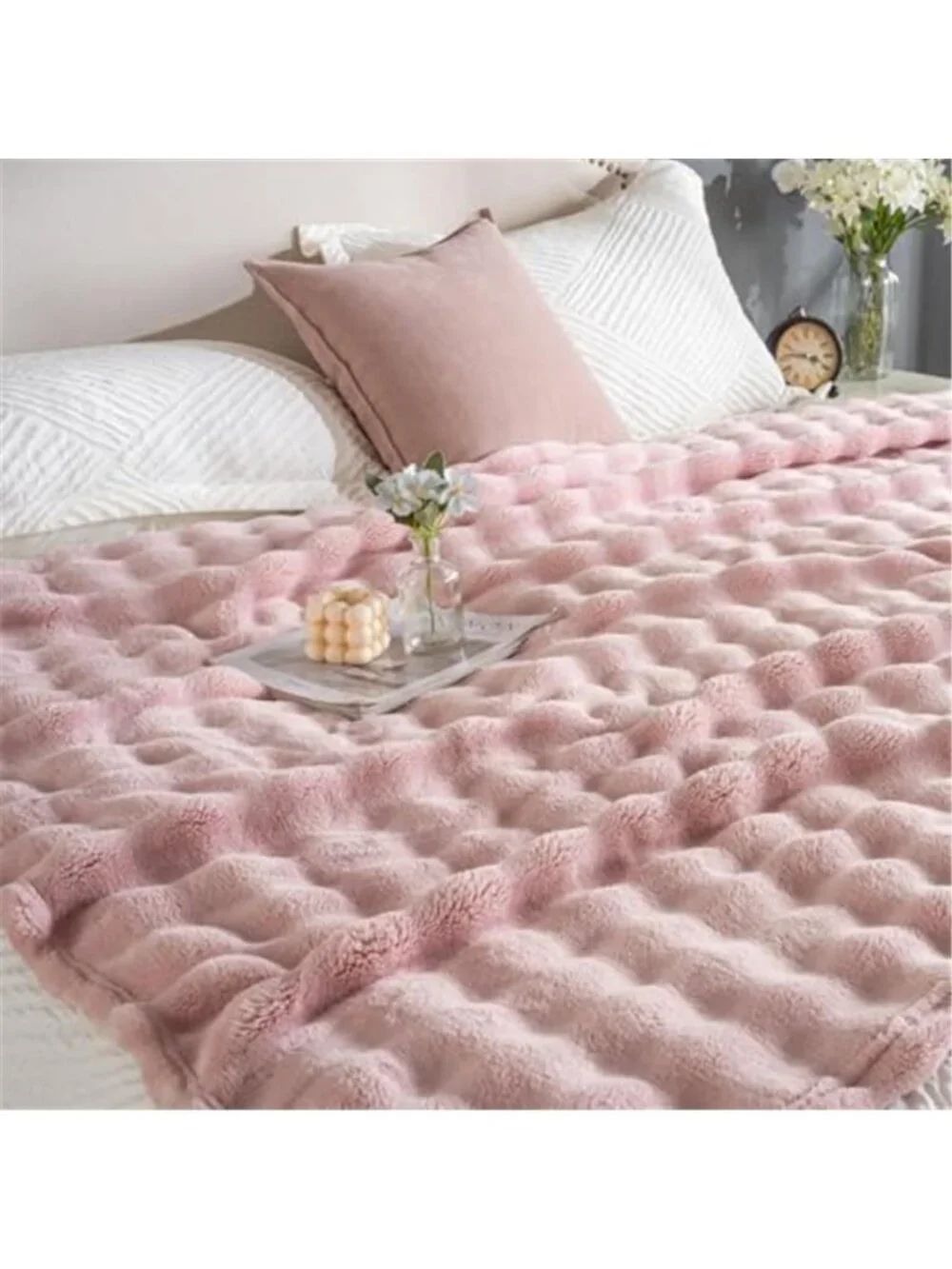 Pink Faux Fur Throw Blanket Fluffy 3D Bubble Fleece Plush Sofa Couch Bed Decor